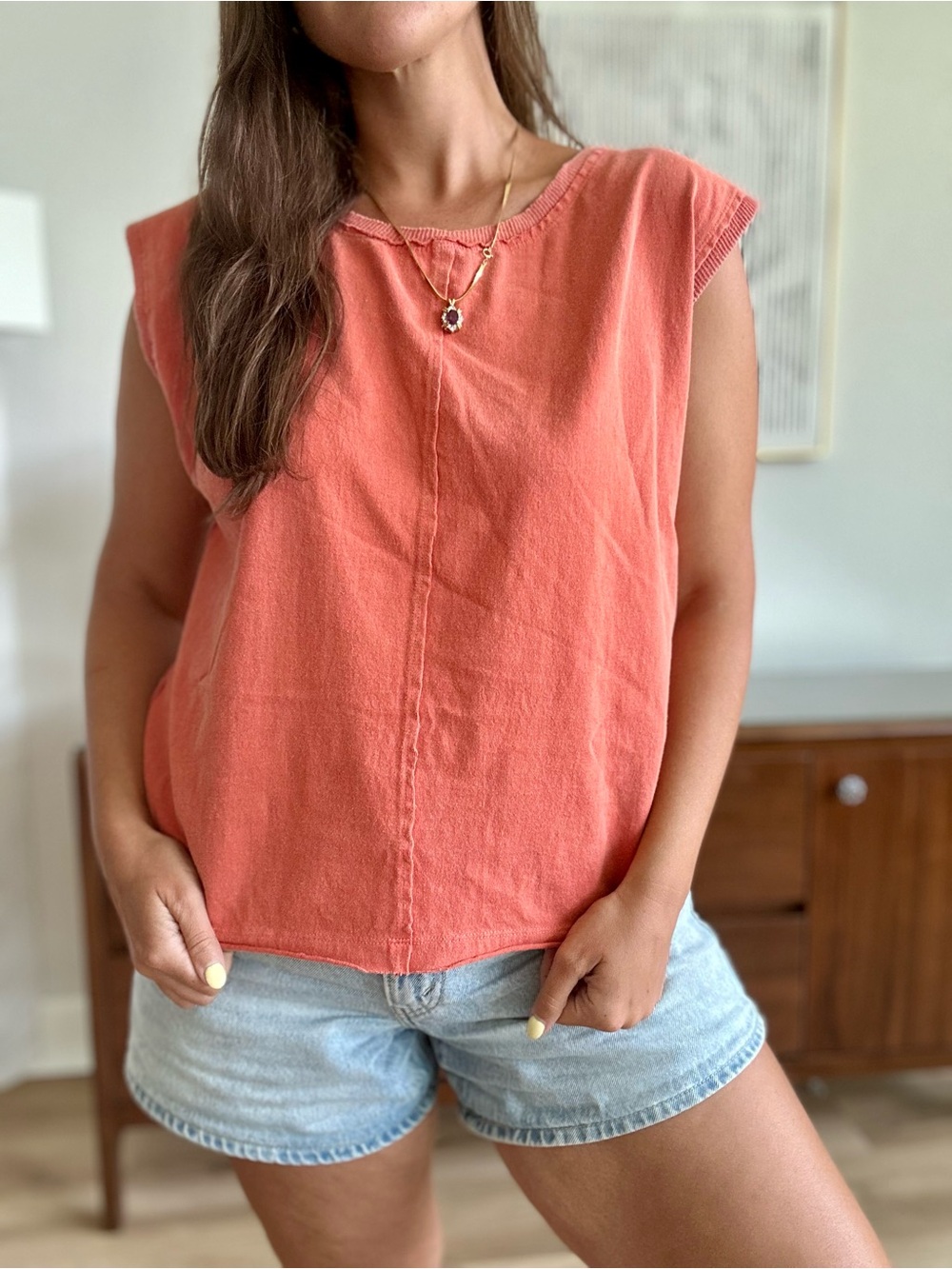 We The Free Coral Sleeveless Muscle Tank XS Raw Hem Boho